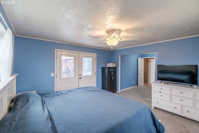31501 Stoltz Hill Rd, Lebanon, OR 97355 - carpeted bedroom featuring a textured ceiling, a ceiling fan, baseboards, ornamental molding, and french doors