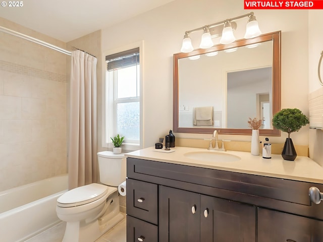 42019 NW Oak Way, Banks, OR 97106 - full bath featuring vanity, shower / tub combo with curtain, and tile patterned flooring