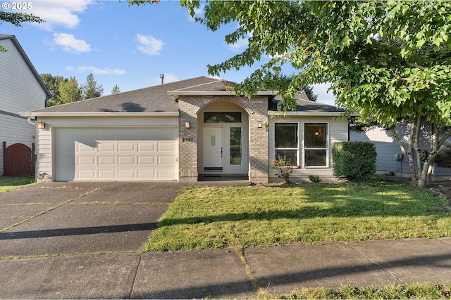 1545 NE Gertz Rd, Portland, OR 97211 - single story home with asphalt driveway, an attached garage, a front lawn, a shingled roof, and brick siding