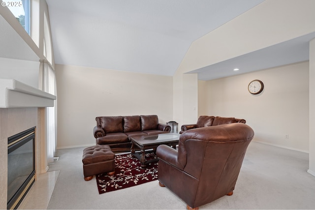 1545 NE Gertz Rd, Portland, OR 97211 - living area featuring carpet, a glass covered fireplace, baseboards, and lofted ceiling