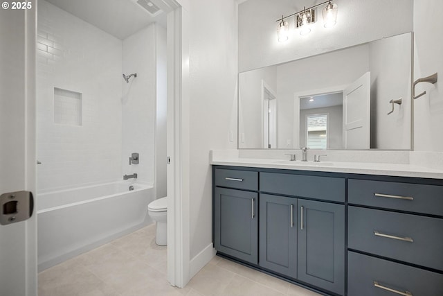 full bathroom featuring tile patterned floors, vanity, shower / bathing tub combination, and toilet