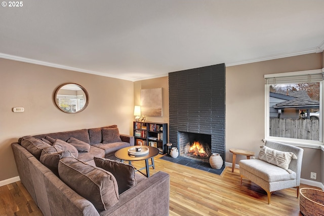 living room featuring a large fireplace, light hardwood / wood-style floors, and ornamental molding