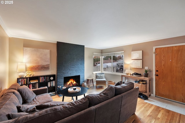 living room featuring a large fireplace, light hardwood / wood-style flooring, and ornamental molding