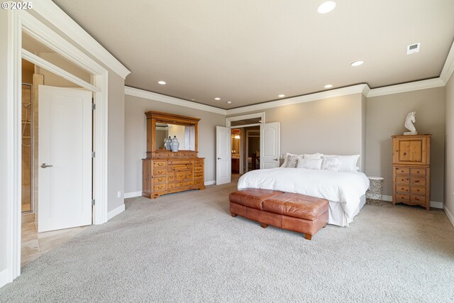 14079 SE Alta Vista Dr, Happy Valley, OR 97086 - carpeted bedroom with ensuite bath, baseboards, ornamental molding, and recessed lighting