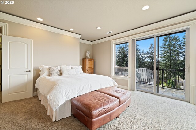 14079 SE Alta Vista Dr, Happy Valley, OR 97086 - bedroom featuring access to outside, crown molding, light colored carpet, visible vents, and multiple windows