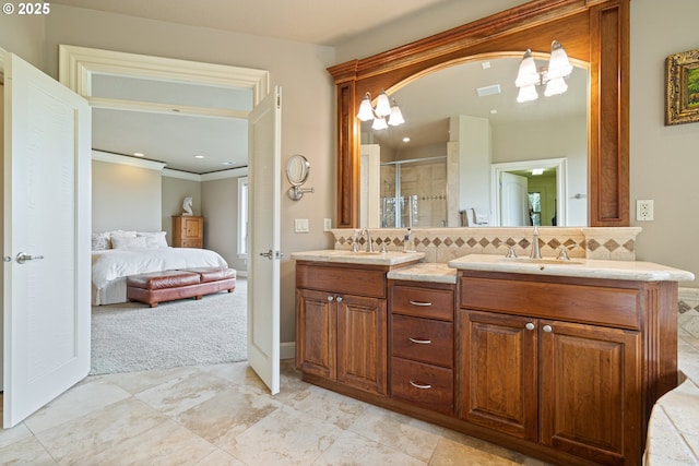 14079 SE Alta Vista Dr, Happy Valley, OR 97086 - bathroom featuring a shower stall, ensuite bath, visible vents, a sink, and a notable chandelier