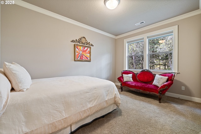 14079 SE Alta Vista Dr, Happy Valley, OR 97086 - bedroom with crown molding, carpet, a textured ceiling, visible vents, and baseboards