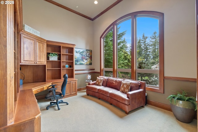 14079 SE Alta Vista Dr, Happy Valley, OR 97086 - carpeted office with crown molding, baseboards, and built in desk
