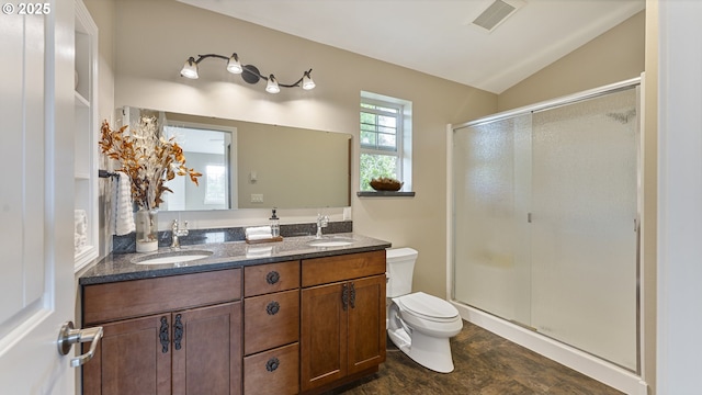 87951 Blazer Ln, Bandon, OR 97411 - bathroom with lofted ceiling, double vanity, and a stall shower