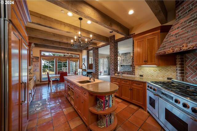 26480 SW Wilken Ln, West Linn, OR 97068 - kitchen with high quality appliances, open shelves, beamed ceiling, ornate columns, and backsplash