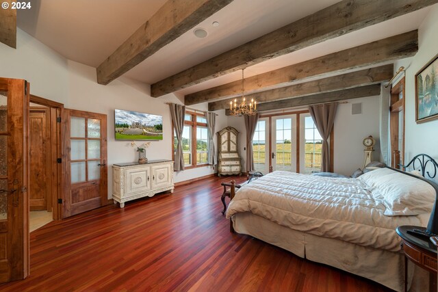 26480 SW Wilken Ln, West Linn, OR 97068 - bedroom with wood finished floors, access to exterior, beam ceiling, and a chandelier