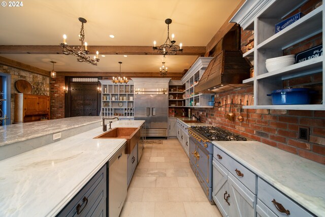 26480 SW Wilken Ln, West Linn, OR 97068 - kitchen with high end appliances, a chandelier, open shelves, a sink, and beam ceiling