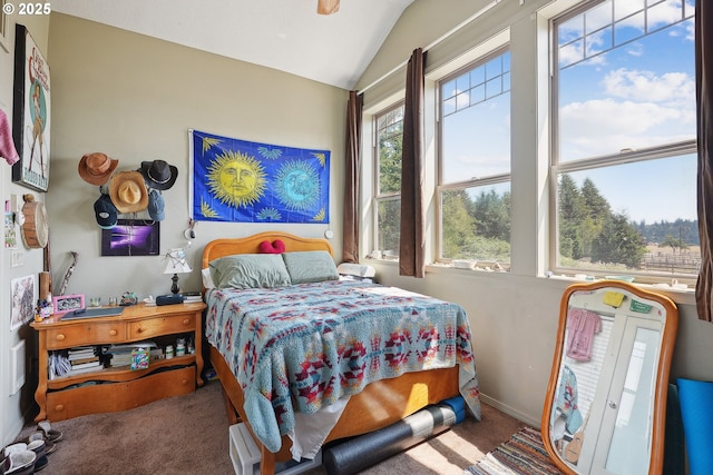 carpeted bedroom with lofted ceiling