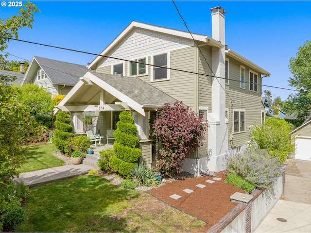 224 NE 44th Ave, Portland, OR 97213 - view of front of home featuring a porch, a chimney, a front lawn, and roof with shingles