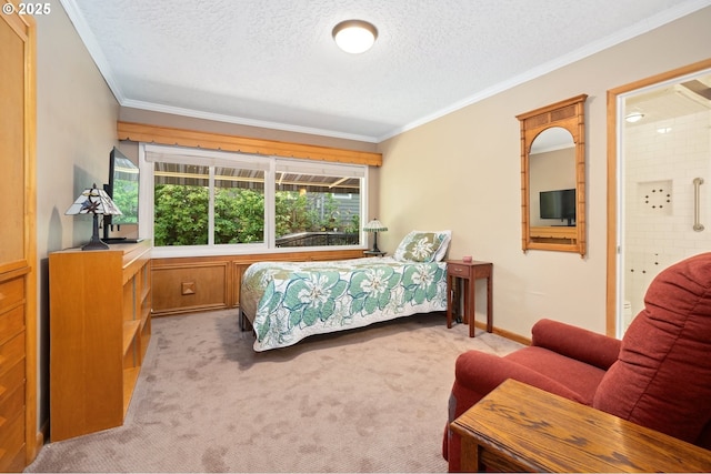 bedroom with light colored carpet, a textured ceiling, baseboards, and ornamental molding