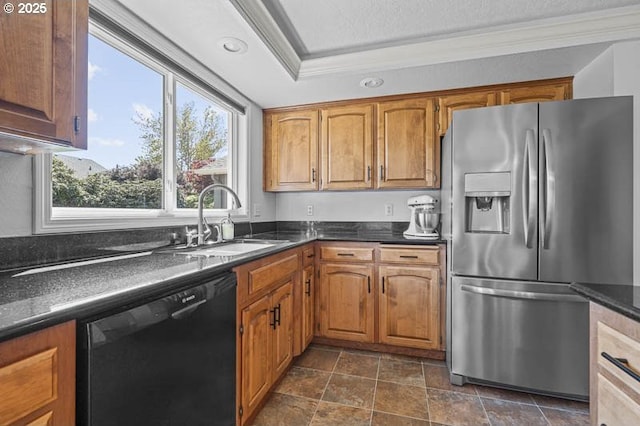 kitchen featuring a sink, black dishwasher, dark countertops, and stainless steel fridge with ice dispenser