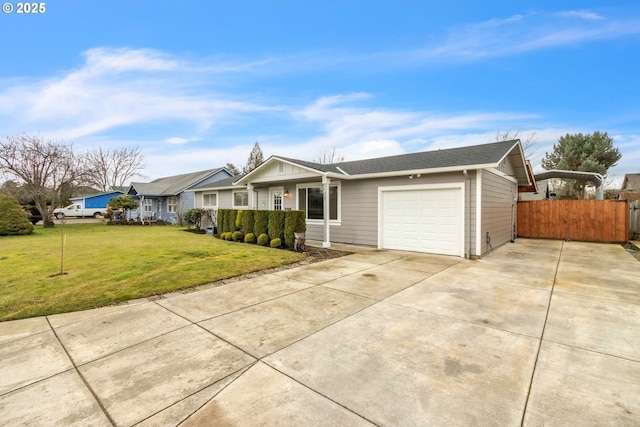 single story home with concrete driveway, a front lawn, an attached garage, and fence