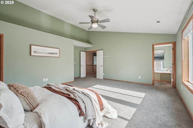 812 NW 13th Ave, Battle Ground, WA 98604 - carpeted bedroom with vaulted ceiling, ensuite bath, and ceiling fan