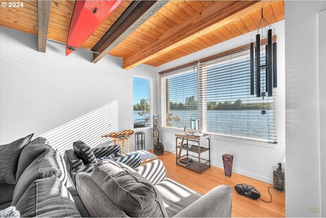 sitting room with wood ceiling, beamed ceiling, wood finished floors, and baseboards