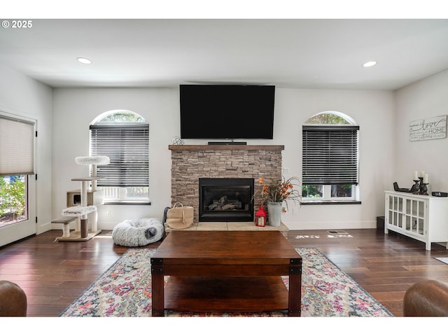 living room with a stone fireplace, a wealth of natural light, and wood finished floors