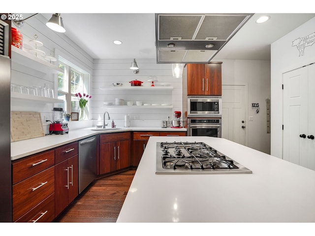 kitchen with open shelves, dark wood finished floors, a sink, light countertops, and stainless steel appliances