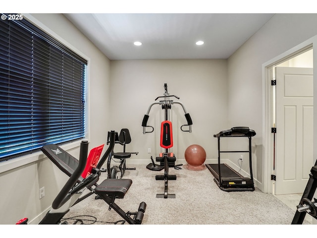 workout area featuring baseboards, carpet flooring, and recessed lighting