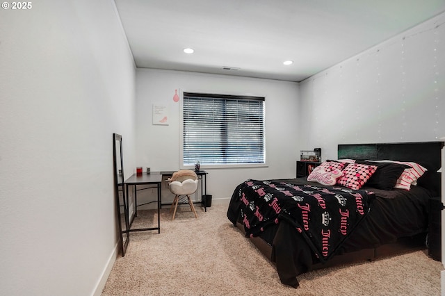 carpeted bedroom featuring baseboards, recessed lighting, and visible vents