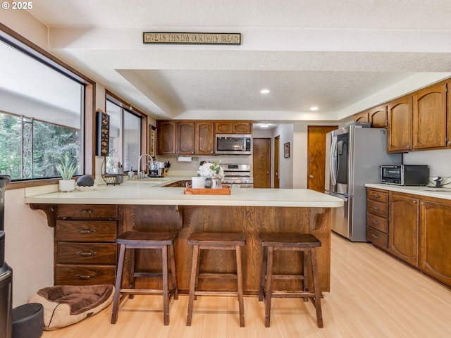 kitchen featuring a sink, light countertops, a peninsula, light wood finished floors, and stainless steel appliances