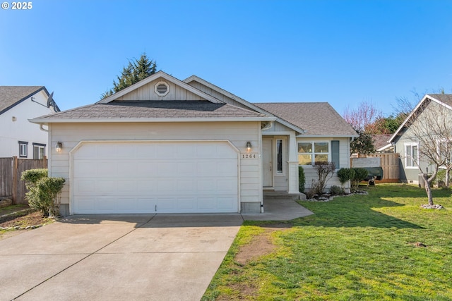 ranch-style house featuring a garage, a front yard, fence, and driveway