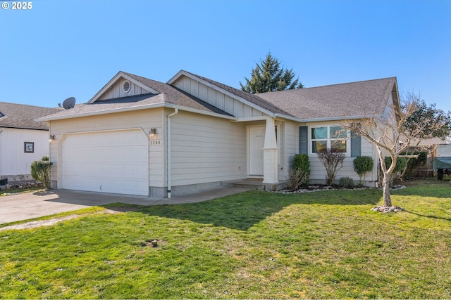 ranch-style house with a garage, driveway, a shingled roof, board and batten siding, and a front yard