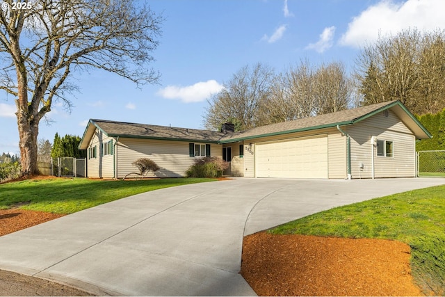 ranch-style house with a front yard, concrete driveway, fence, and an attached garage