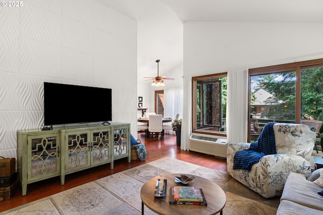 14935 NE Sacramento St Unit 28, Portland, OR 97230 - living room featuring high vaulted ceiling, wood finished floors, a ceiling fan, and an AC wall unit