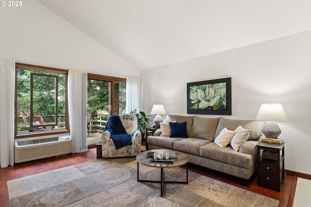 14935 NE Sacramento St Unit 28, Portland, OR 97230 - living area featuring high vaulted ceiling, wood finished floors, and a wall mounted air conditioner