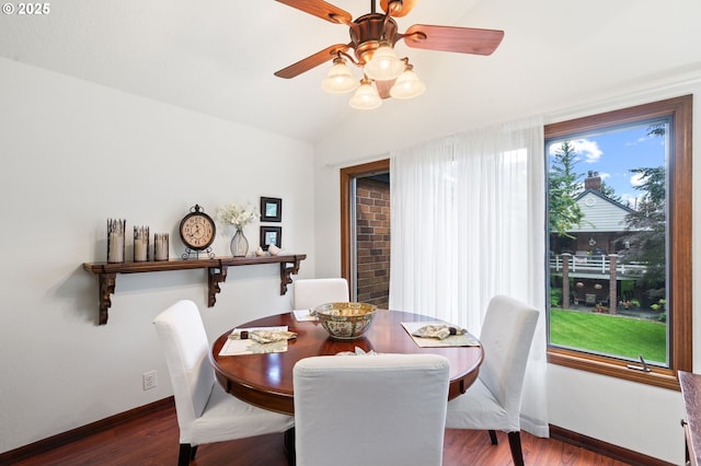 14935 NE Sacramento St Unit 28, Portland, OR 97230 - dining room featuring ceiling fan, wood finished floors, and lofted ceiling