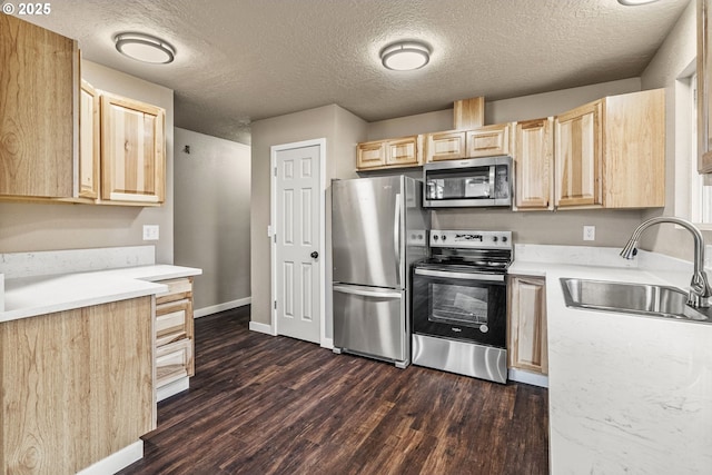 kitchen featuring dark wood-type flooring, appliances with stainless steel finishes, light brown cabinetry, and sink