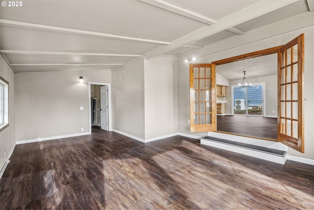 unfurnished room featuring wood-type flooring, vaulted ceiling with beams, a notable chandelier, and baseboard heating