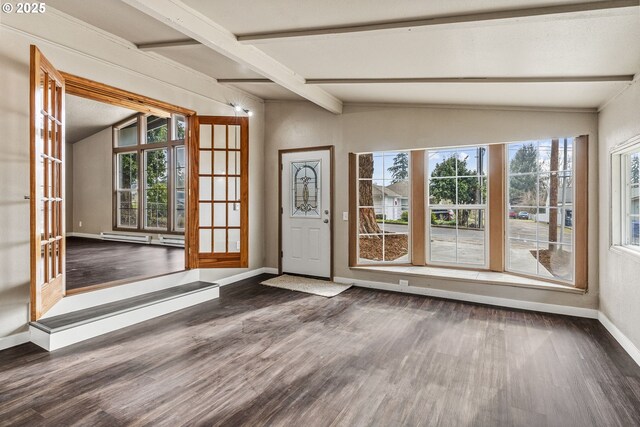 entrance foyer with dark hardwood / wood-style floors and lofted ceiling with beams