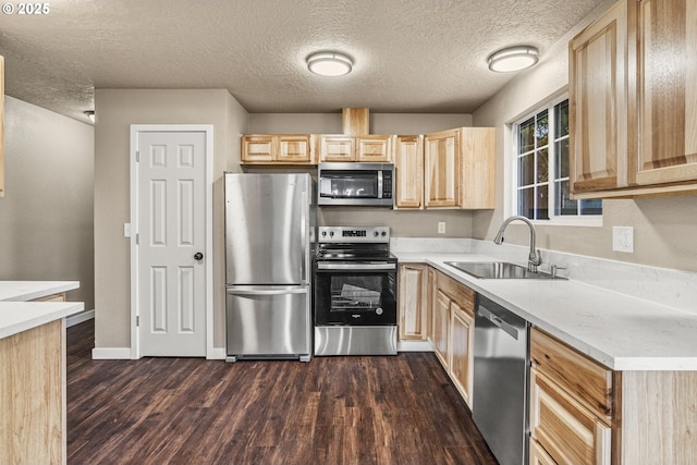 kitchen with sink, light brown cabinets, dark hardwood / wood-style floors, and appliances with stainless steel finishes