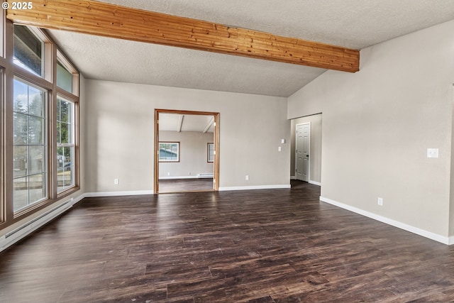 unfurnished living room with a baseboard radiator, dark hardwood / wood-style floors, a textured ceiling, and vaulted ceiling with beams