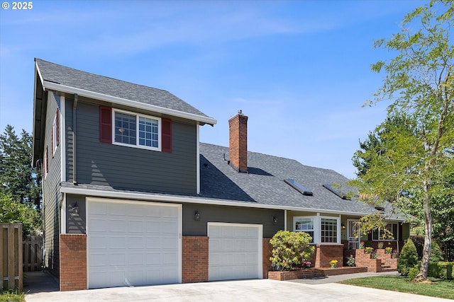921 SE 168th Ave, Portland, OR 97233 - view of front of property featuring brick siding, a chimney, concrete driveway, a shingled roof, and an attached garage