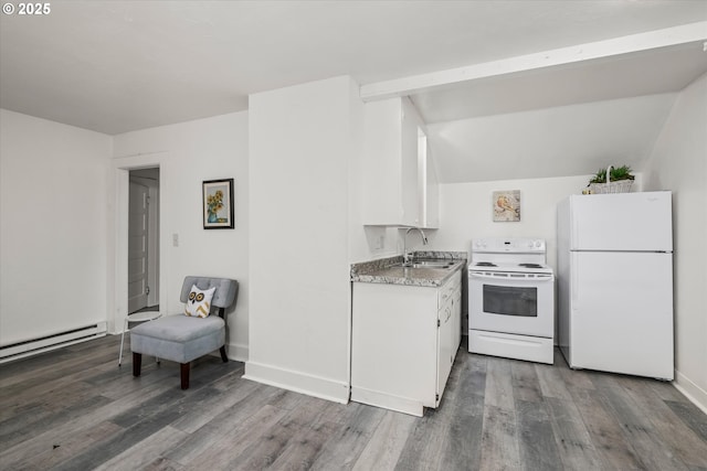 561 Madison St, Eugene, OR 97402 - kitchen with white appliances, a sink, white cabinets, wood finished floors, and light countertops