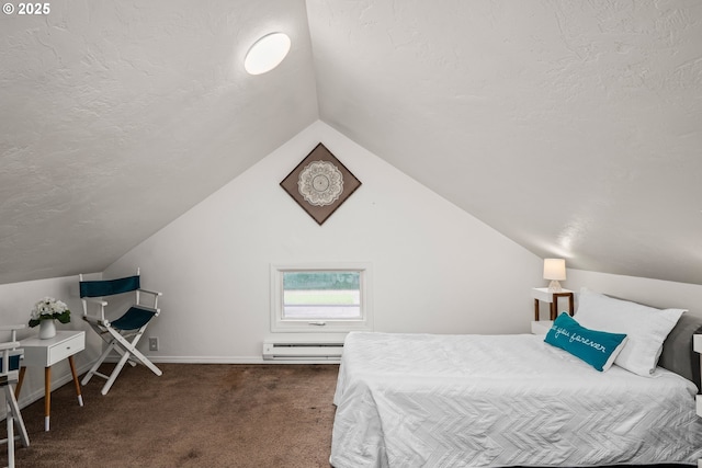 561 Madison St, Eugene, OR 97402 - bedroom with baseboard heating, vaulted ceiling, a textured ceiling, carpet flooring, and baseboards