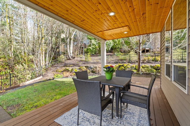 wooden deck with outdoor dining area and fence