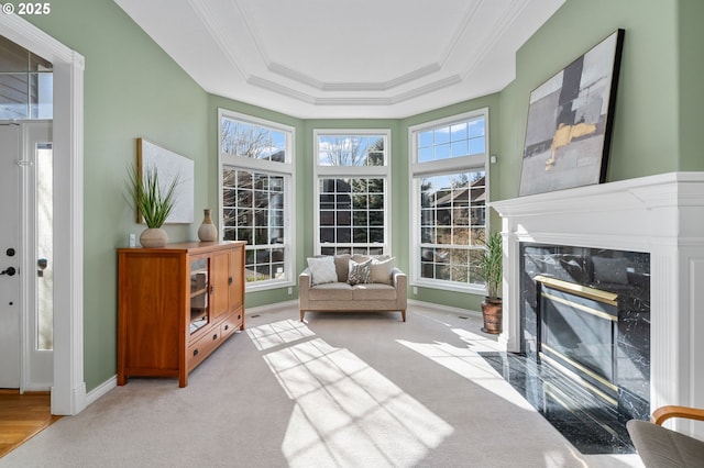 sitting room with a premium fireplace, a raised ceiling, baseboards, and ornamental molding