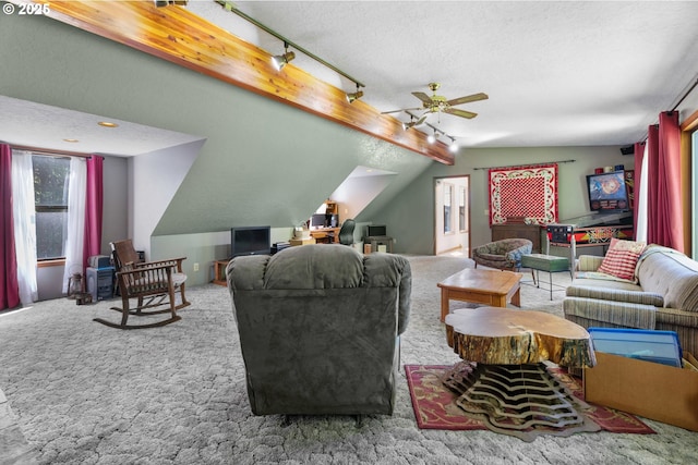 25465 S Beavercreek Rd, Beavercreek, OR 97004 - carpeted living room featuring a ceiling fan, a textured ceiling, and rail lighting