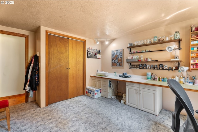 25465 S Beavercreek Rd, Beavercreek, OR 97004 - office area featuring built in study area, light colored carpet, and a textured ceiling