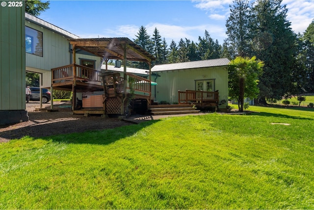 25465 S Beavercreek Rd, Beavercreek, OR 97004 - rear view of house with a deck, a lawn, french doors, a pergola, and metal roof