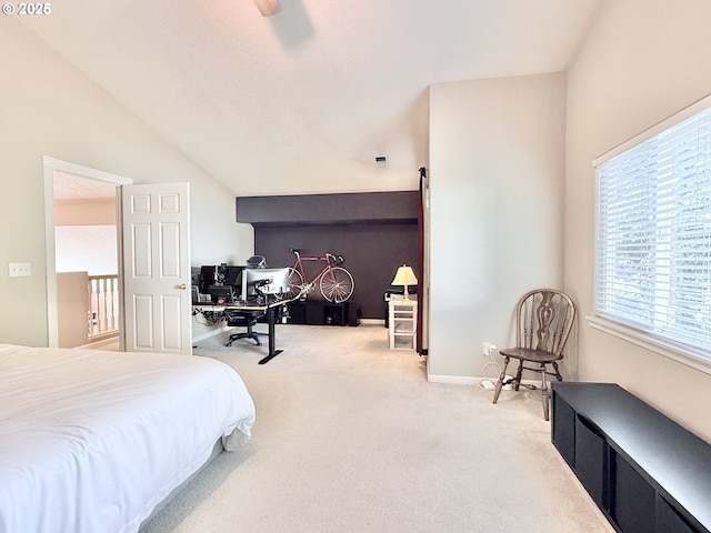 2942 NW Watkins Ct, Camas, WA 98607 - bedroom with light carpet, a desk, ceiling fan, and lofted ceiling