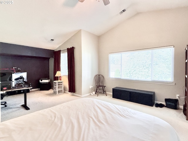 2942 NW Watkins Ct, Camas, WA 98607 - carpeted bedroom with vaulted ceiling, a desk, and a ceiling fan