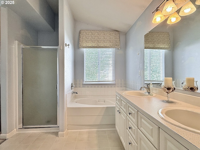 2942 NW Watkins Ct, Camas, WA 98607 - full bathroom featuring a stall shower, tile patterned flooring, double vanity, a bath, and lofted ceiling